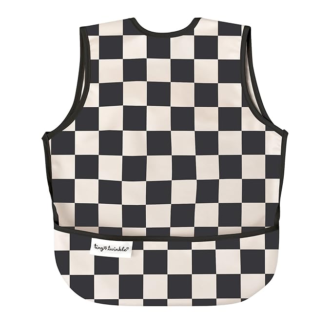 Tiny Twinkle Mess Proof Baby Bib - Waterproof & Lightweight Baby-Led Weaning Apron | 100% Recycled Polyester, Easy Clean & Machine Washable (Black Checkers, Small 6-24 Months)