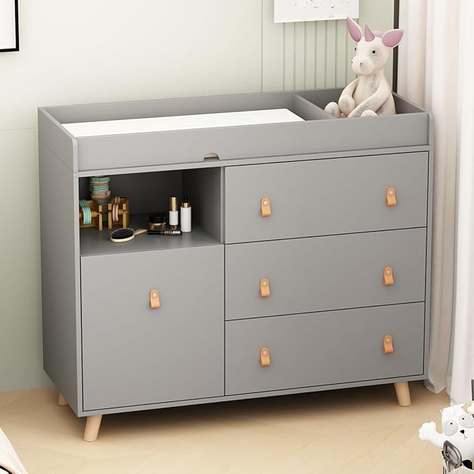 Baby Dresser Changing Table with Drawers,Shelf,Hidden Laundry Basket Storage,2 in 1 Nursery Dresser Chest for Infants, Baby Diaper Changing Station for Daycare,Bedroom,Grey