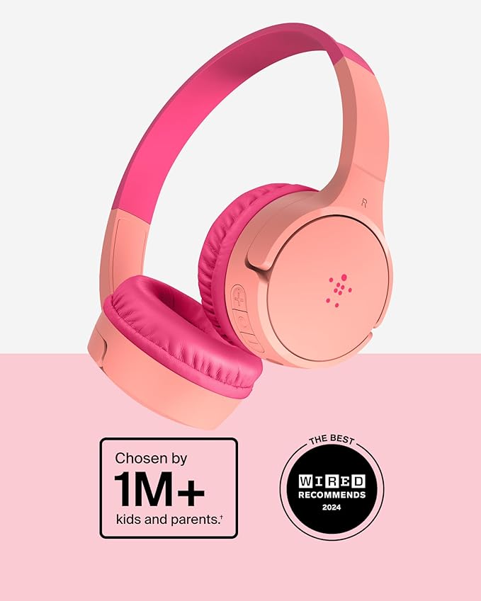 Belkin SoundForm Mini w/Case - Wireless Bluetooth Kids Headphones with 30H Battery Life, 85dB Safe Volume Limit, Built-in Microphone - Kids On-Ear Earphones for iPhone, iPad, & More - Pink