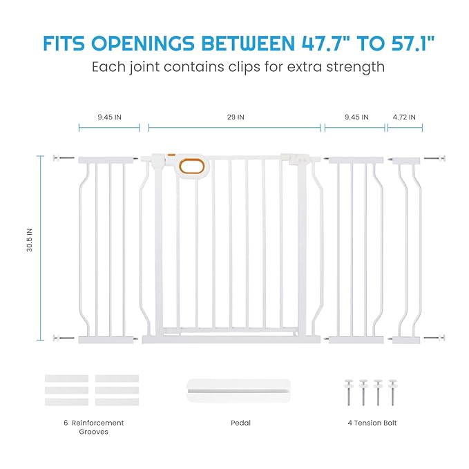 Owlie Adjustable Safety Gate for Stairs - 29-57'' Wide, 30.5'' Tall, No Drilling, Pressure Mount, White