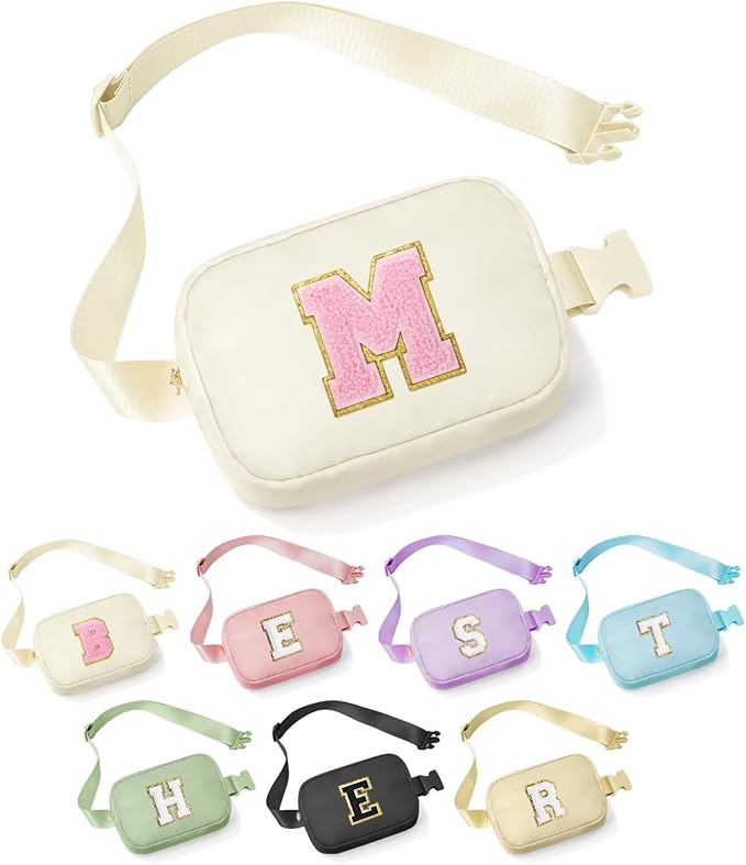 YOOLIFE Initial Belt Bag - Fanny Pack Crossbody Bags for Women, White Cross Body Bag Waist Pack for Women Everywhere Belt Bag Monogrammed Crossbody Bag, Letter M