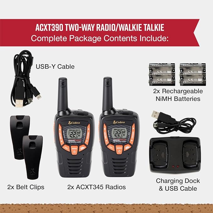 Cobra ACXT390 Walkie Talkies - Rechargeable, Lightweight, 22 Channels, 25-Mile Range Two-Way Radios with VOX (2-Pack)