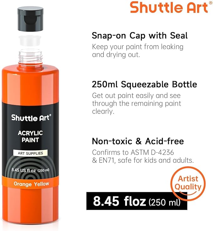 Shuttle Art 18 Colors Acrylic Paint Bottle Set (250ml/8.45oz), Rich Pigmented Bulk Painting Supplies for Artists, Beginners and Kids on Rocks Crafts Canvas Wood Ceramic