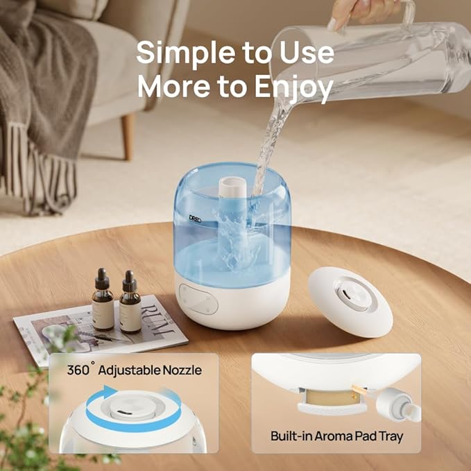 Dreo Humidifiers for Bedroom, Cool Mist Ultrasonic Humidifiers with 30Hr Runtime, Top Fill 3L Tank, Easy Clean, Humidity Sensor, Night Light for Baby, Nursery, 360° Nozzle for Plants and Home, Blue