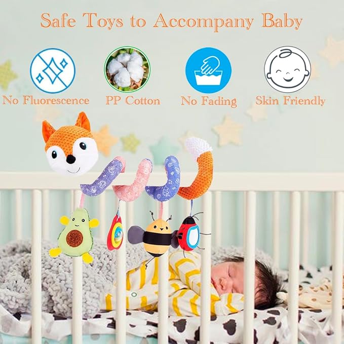 Car Seat Toys, Baby Plush Spiral Hanging Toys for Stroller Crib Bar Bassinet Car Seat Mobile with Music Box BB Squeaker Rattles- Orange Fox