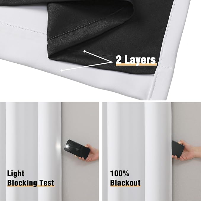 ChrisDowa 100% Blackout Curtains 84 inch Long for Bedroom with Black Liner, Extra Wide 2 Thick Layers Total Blackout Thermal Insulated Grommet Window Curtains 2 Panels Set (Pure White, 60 x 84 Inch)