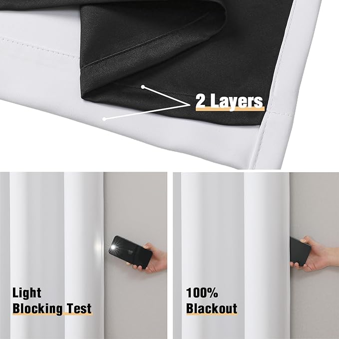 ChrisDowa 100% Blackout Curtains 84 inch Long for Bedroom with Black Liner, 2 Thick Layers Total Blackout Thermal Insulated Grommet Window Curtains 2 Panels Set (Pure White, 38 x 84 Inch)