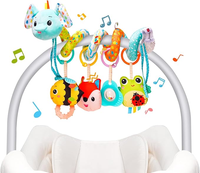 Koty Car Seat Toys, Cute Elephant Car Seat Toys for Babies 0-6 Months Boy, Stroller Toys with Crinkle, Teether, Music Box, Rattle, BB Squeaker for 0 3 6 9 12 Months Babies Infant Boys Girls Gifts