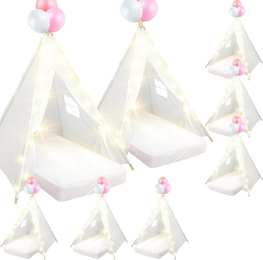 8 Pack Sleepover Tent for Girls Party,Teepee Tent for Kids Slumber Party Bulk with Light String,Air Mattress,Fitted Sheet,Washable Natural Cotton Toddler Teepee Indoor Outdoor(White)