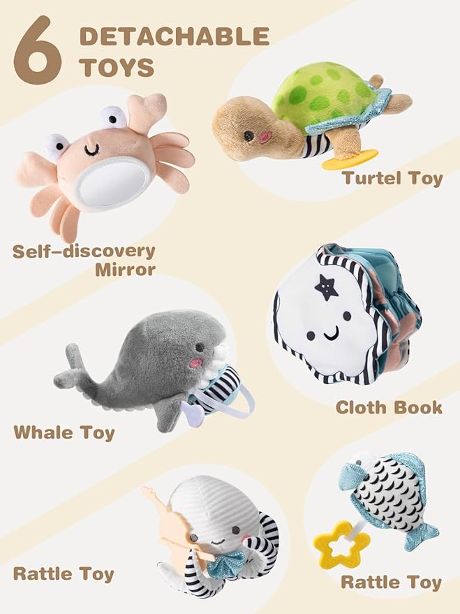 Shell Baby Play Mat, Play Mat for Babies 0-6 6-12 Months, Tummy Time Mat w 6 Detachable Toys, Enlarged Infant Activity Mat for Sensory & Motor Skill Development Boho Ocean Theme Baby Play Gym (White)