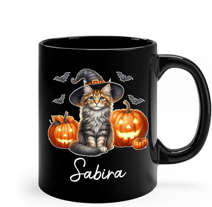 Personalized Maine Coon with Pumpkins Cup for Halloween, Maine Coon Wearing Witch Hat Coffee Mug, Cat Halloween Ceramic Cup 11oz 15oz, Pet Cat Black Mug, Gift for Pet Lover Dad Mom Children