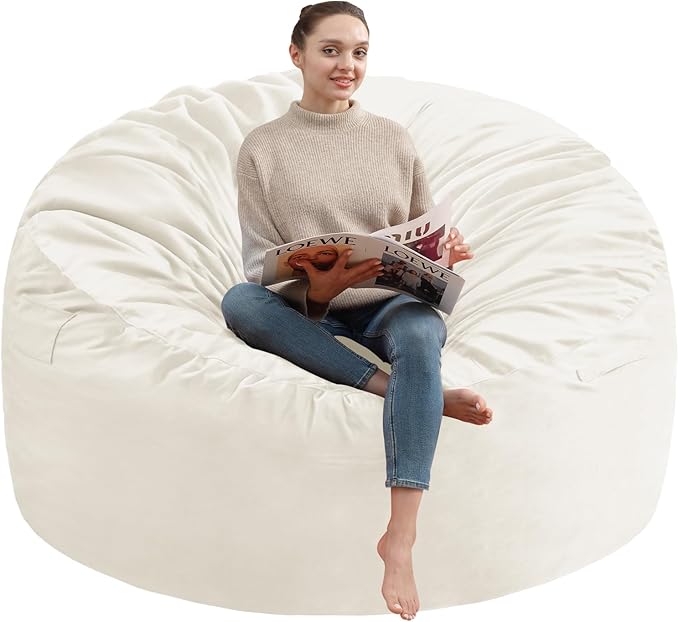 6FT Bean Bag Chair, Large Bean Bag Chairs with Memory Foam Filled, Fluffy Beanbag Sofa with Dutch Velvet Cover, Round BeanBag Chairs for Living Room, Playroom- Beige