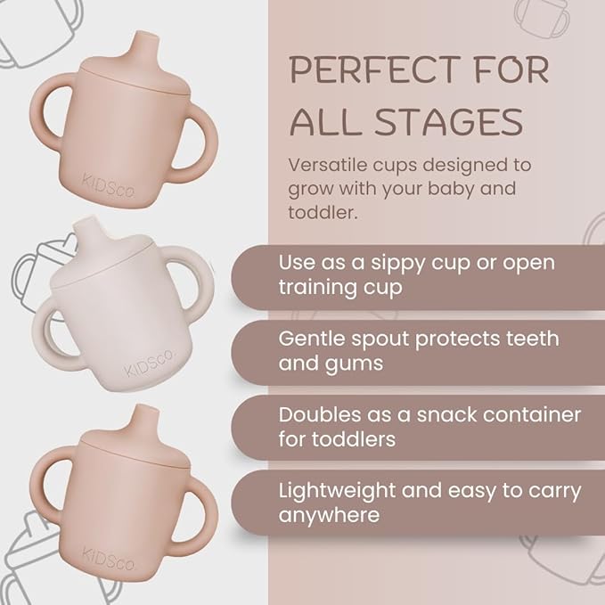 Silicone Sippy Cups with Easy Grip Transition Handles and a Soft Spout. A Non Toxic No Spill Unbreakable Training Cup 150ml/5oz |2-PACK Pink and Cream|