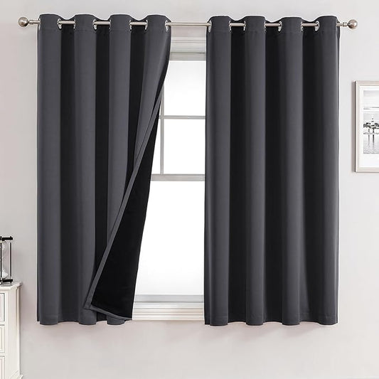 ChrisDowa 100% Blackout Curtains for Bedroom with Black Liner, 2 Thick Layers Total Blackout Thermal Insulated Grommet Small Window Curtains 54 Inch Long 2 Panels Set (Dark Grey, 52 x 54 Inch)