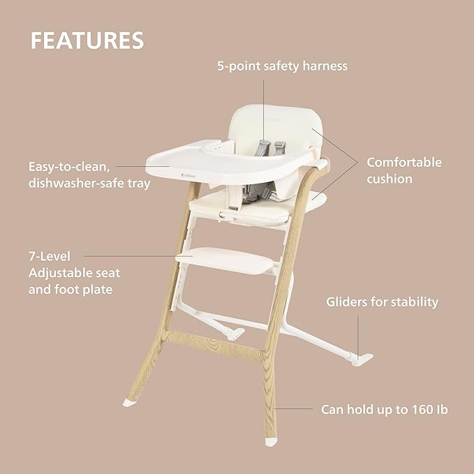 Unilove Grow with Me 2-in-1 Baby High Chair – Adjustable Toddler Chair with Baby Set, Removable Harness, One-Hand Seat & Footrest Adjustment, for Ages 6-60 Months - Sandy Beige