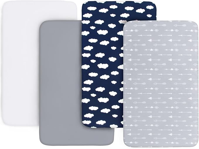 4-Pack Fitted Mini Crib Sheets for Boys and Girls - Breathable, Soft Microfiber Baby Sheets in Grey, Navy and White