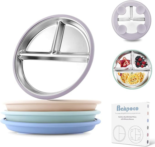 Stainless Steel Toddler Plate with Suction, 8” Divided Plates with Removable Silicone Sleeves for Baby, Non Toxic Unbreakable Kids Snack Dishes Set of 4, Sage Blue Beige Lilac
