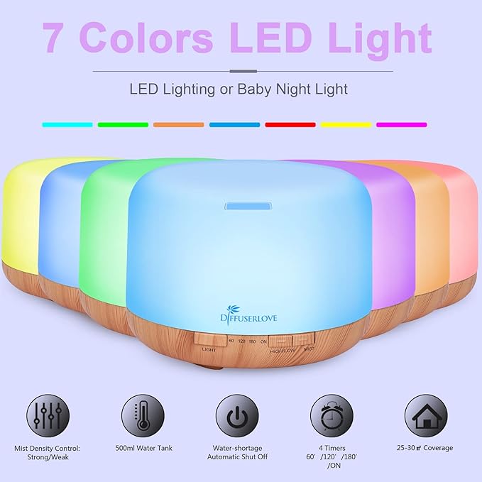 Diffuserlove Diffuser Essential Oil Diffusers 500ML Remote Control Aroma Diffuser Cool Mist Aromatherapy Diffuser with Mute Design, Timer and Auto Shut-Off for Office Living Room Yellow