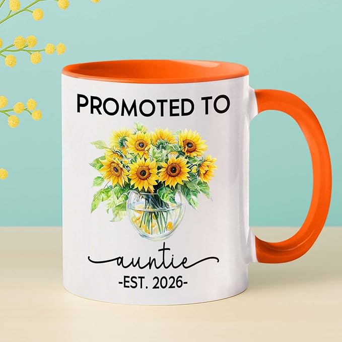 Promoted To Auntie EST 2026 Accent Mug Gift For Pregnancy Announcement, Personalized Name New Aunt Coffee Mug 11 15Oz, Customized Sunflowers Auntie White Coffee Cup For Birthday, First Time Aunt Cup