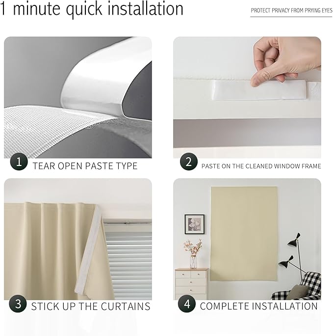 Self Adhesive Portable Blackout Curtains for Bedroom Easy to Install Window Thermal Lnsulated Kitchen Room Darkening Small Window Curtains, Cortinas Para Cuarto, 35"W X 59"L, Beige, 1 Panel