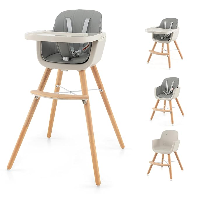 HONEY JOY High Chair, 3-in-1 Eat & Grow Wooden Highchair/Toddler Chair with Removable Tray, 5-Point Harness, PU Cushion and Footrest for Baby, High Chair for Babies and Toddlers(Gray)