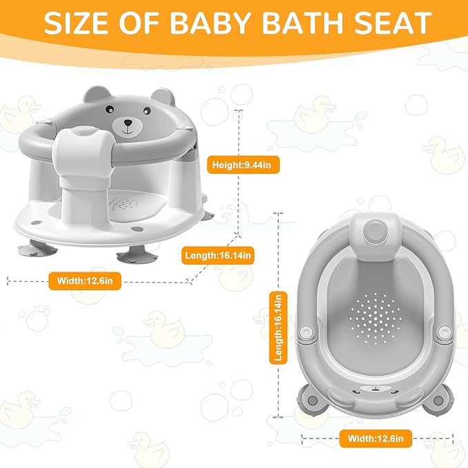 Baby Bath Seat for Babies 6 Months & up, Non-Slip Toddler Bath Seats for Babies Sitting Up, Safe Infant & Newborn Bathtub Chair with 4 Suction Cups & Soft Cushion for Shower,Gray
