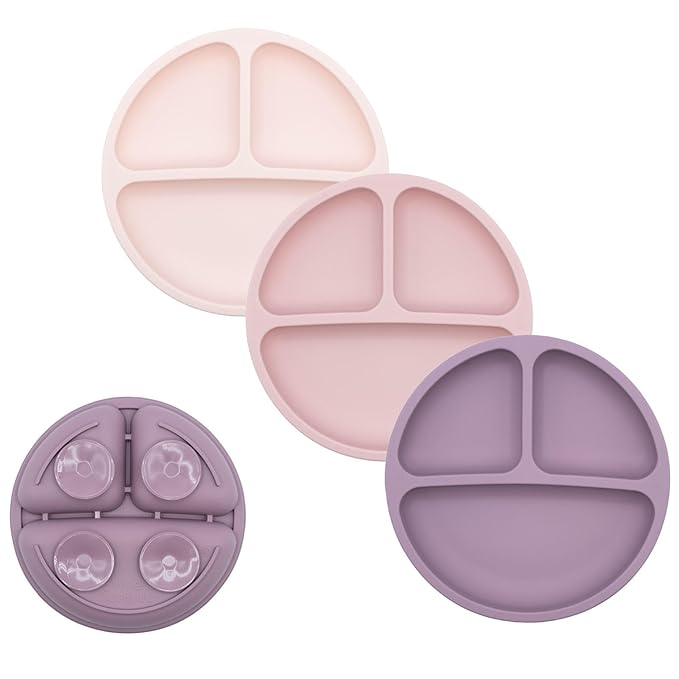 WeeSprout Suction Plates for Babies & Toddlers - 100% Silicone, Dinnerware Stays Put, Divided Design for Picky Eaters, Microwave & Dishwasher Friendly, 3 Pack (Matte Pink, Purple & Blush Pink)