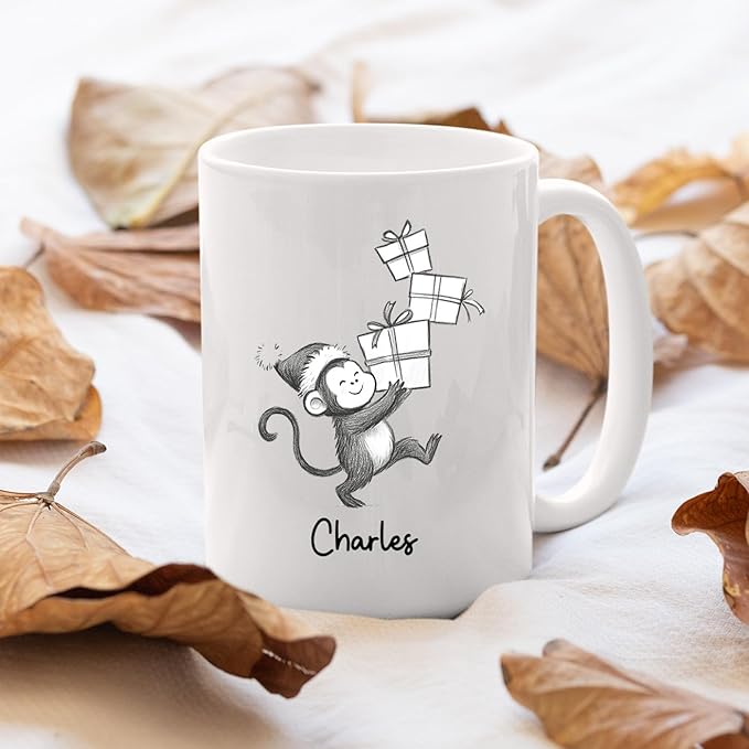Personalized Monkey Accent Coffee Mug Gift For Dad Mom Daughter Son, Monkey Ceramic Coffee Cup 11Oz 15Oz, Customized Name Monkeys Teacup Gift For Birthday Christmas, Monkeys Lover White Travel Mug