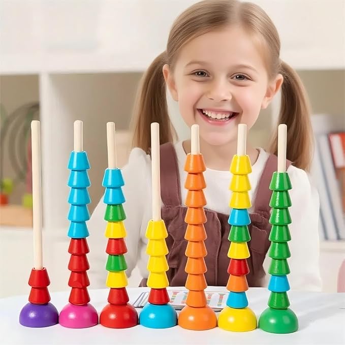 Wooden Stacking Ring Toy Set, Educational Color Pattern Matching Game with Activity Cards, Rainbow Colors，for 3 4 5 Year Old STEM Preschool Learning Montessori Toys Gifts for Kids Boy Girl Toddler