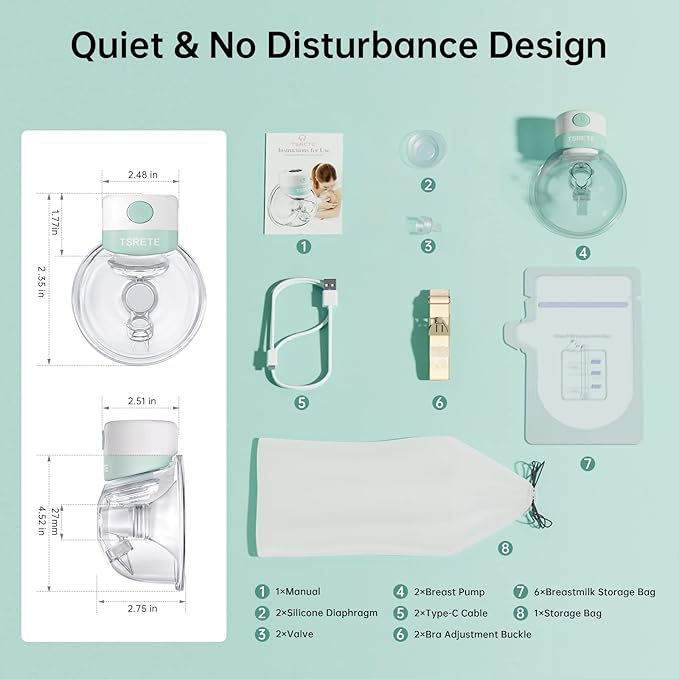 TSRETE Breast Pump, Double Wearable Electric Hands-Free Breast Pumps with 2 Modes, 9 Levels, LCD Display, Memory Function Rechargeable with Massage and Pumping Mode-27mm Flange-Green