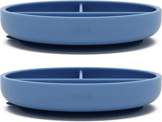 Lalo Suction Plates - 2 Pack, 100% Silicone Non-Toxic BPA-Free Baby Plates with Suction Base To Prevent Accidental Tip-Overs - Suction Plates for Toddlers With Three Divided Sections - Blueberry