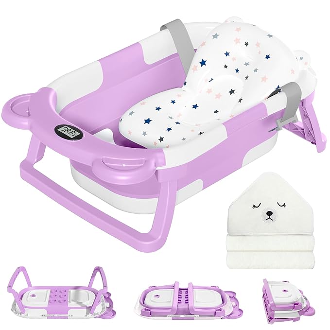 MoreFeel Collapsible Baby Bathtub for Newborn with Thermometer & 1 Hooded Towel & 1 Soft Floating Cushion,Portable Travel Bathtub with Drain Hole, Durable Foldable Baby Tubs for Infants to Toddler