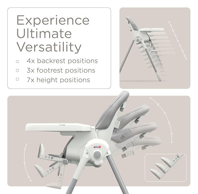 KÜB 3-in-1 Foldable Baby High Chair | Multifunctional Infant High Chairs for Babies and Toddlers | Removable Seat & Tray Easy Clean | 7 Height & 4 Recline Adjustable | 2 Locking Wheels (Grey)