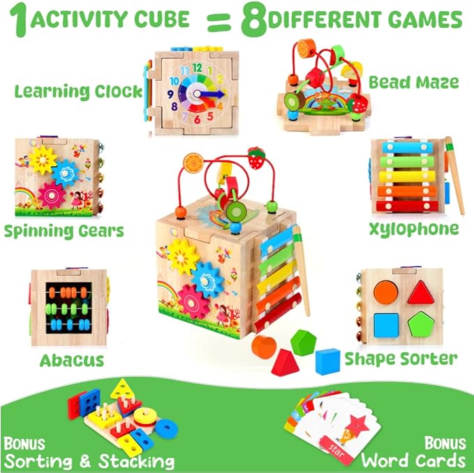 8-in-1 Wooden Baby Activity Cube - Xylophone, Shape Sorter, Abacus| 1st Birthday Gift Toys for One 1 2 3 Year Old Boy Girl | Montessori Educational Learning Toddler Toy| Bonus Sorting & Stacking Board