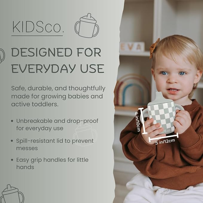 Silicone Sippy Cups with Easy Grip Transition Handles and a Soft Spout. A Non Txoic No Spill Unbreakable Training Cup. 150ml/5oz |2-PACK Sandy Shore & Green Checkers|