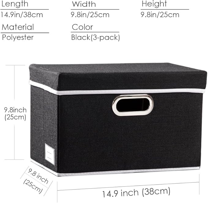 PRANDOM Foldable Storage Bin with Lid [5-Pack] Linen Fabric Decorative Storage Box Organizer Container Basket Cube with Handles Divider for Closet Office Living Room Black(14.9x9.8x9.8)
