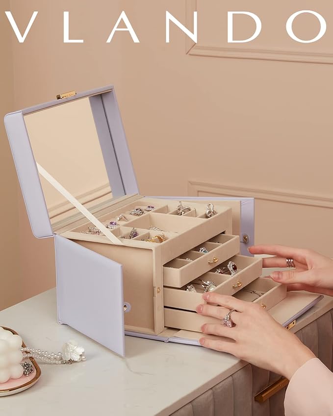 Vlando Jewelry Box for Girls, 4-Tier Jewelry Organizer with Lock, Mirror Jewelry Box for Earring, Ring, Necklace and Bracelets - Purple