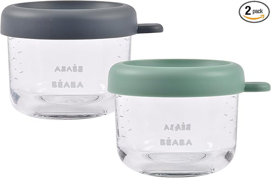 Beaba 2 Pack Glass Baby Food Jars, Freezer, Sterilizer, and Dishwasher Safe, 5 oz Baby Food Storage Jars with Silicone Air Tight Lid, Mineral/Sage