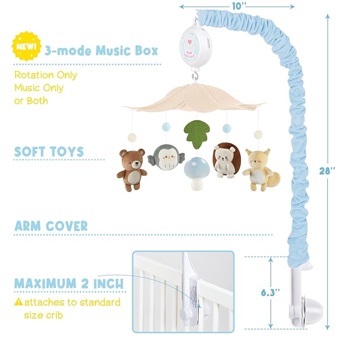 Woodland Crib Mobile – Forest Animals Baby Mobile for Crib with Upgraded 3-Mode Music Box, Blue Nursery Mobiles for Boys & Girls, Fits Standard Cribs, Forest Nursery Decor