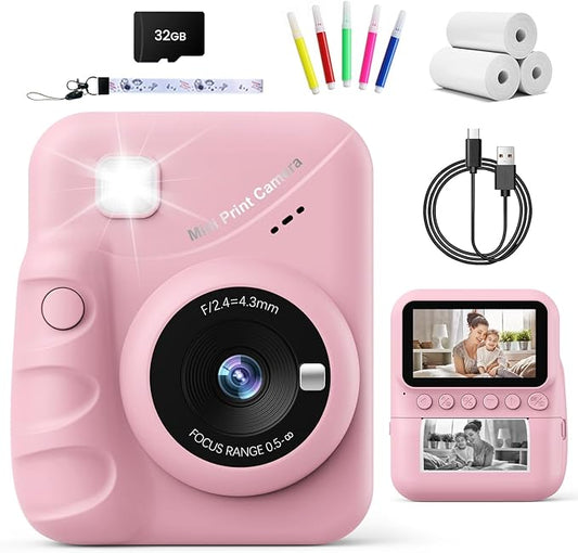 Kids Camera Instant Print for Girls Ages 3-14, 3-inch HD Screen Camera for Kids with Printing Paper, 1080P Digital Toddler Toys for 4 5 6 7 8 9 10 11 12 Years Old (Pink)