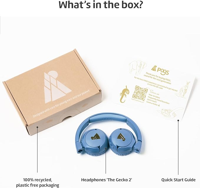 POGS Kids Bluetooth Wireless Headphones | The Gecko 2 | Foldable, Durable Headphones for Kids 3+ | Volume Limited 85 dB, Microphone | On-Ear | Wireless Music-Sharing Function (rBlue)