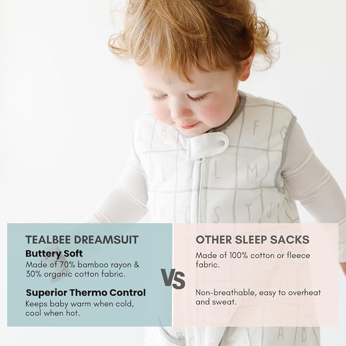 Tealbee DREAMSUIT: Toddler Sleep Sack with Feet 2T 3T - 1.2 TOG Four Season Baby Wearable Blanket for Walkers - Rayon Made from Bamboo, Organic Cotton Sleeping Bag - Alphabet