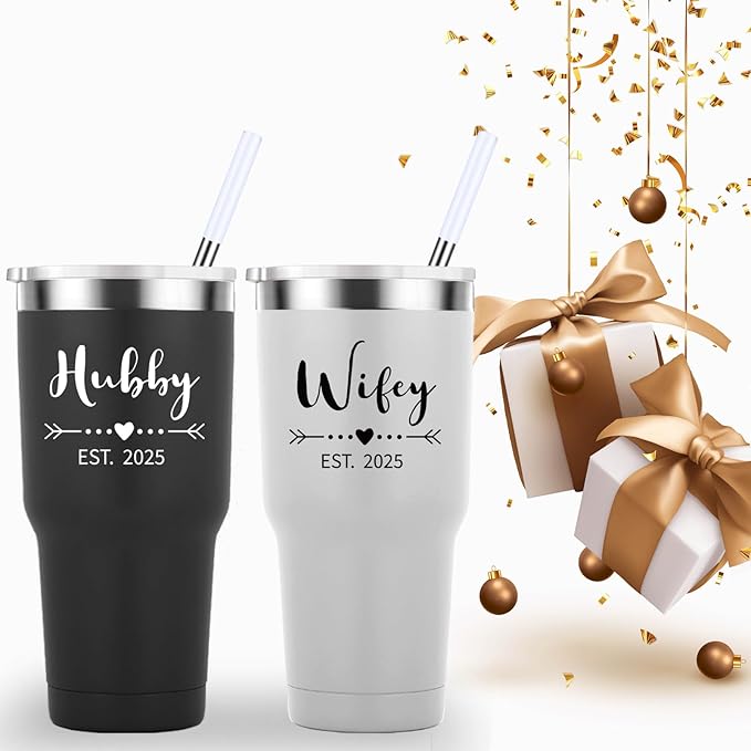 Mamihlap Hubby & Wifey Est 2025 Travel Mug 30oz Tumbler.Valentine’s Day Gifts.Anniversary Wedding Engagement Gifts.Gift for Couple Her Him Bridal Shower Husband Wife Newlywed Couple.(Black&White)
