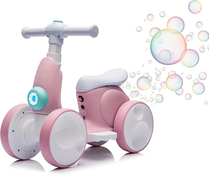 6V Electric Baby Balance Bike for 1 Year Old Boys Girls Ride on Toys 12-48 Months Toddler Balance Bike, 4 Wheels Kids First Bike with Remote Control First Birthday Gifts- Pink