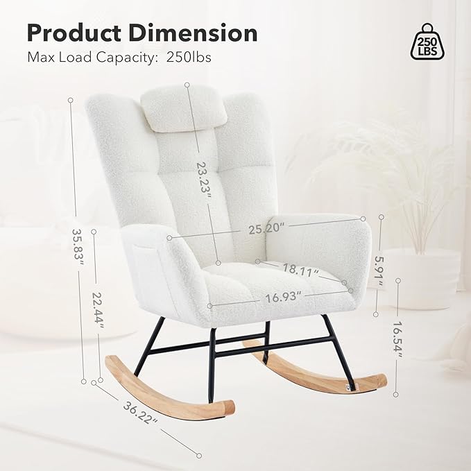 Nursery Rocking Chair,300Lb Glider Chair with Wood Legs/Two Side Pockets,Teddy Upholstered Glider Rocker with Padded Seat High Backrest for Living Room/Bedroom/Nursery