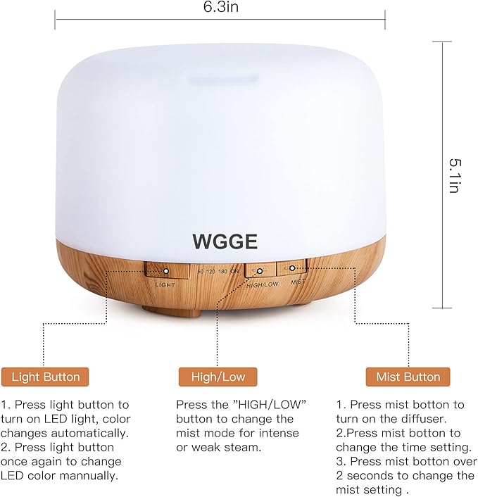 WGGE Essential Oil Diffuser, 500ml Premium Ultrasonic Vaporizer Aromatherapy Diffuser with 7 Color Changing, Timer, and Waterless Auto-Off with Remote Control.
