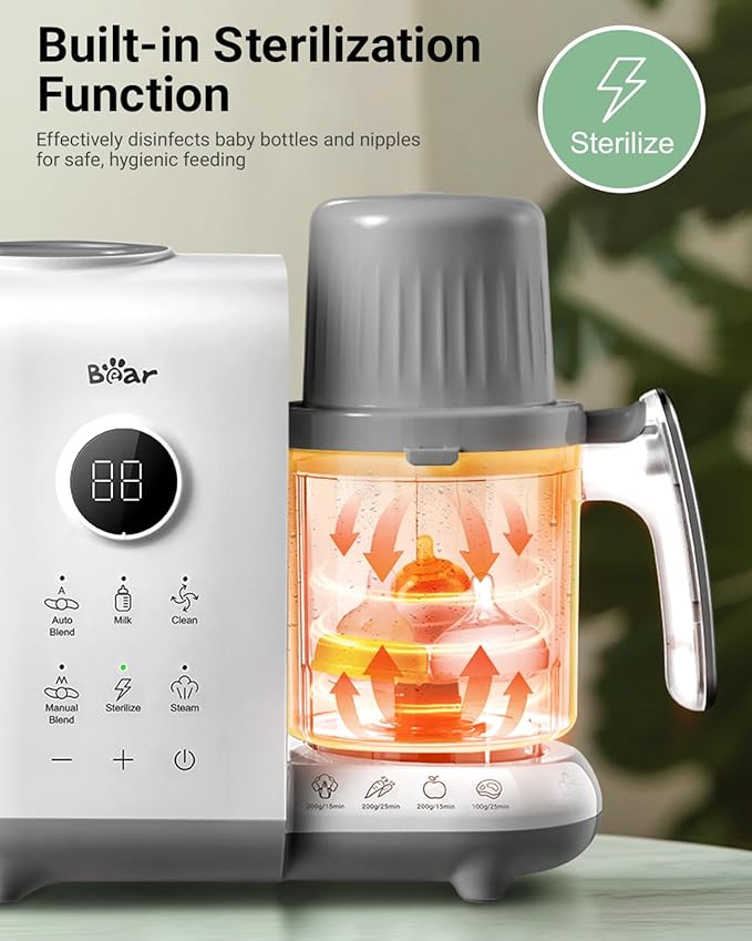 Bear Baby Food Maker with Two Layer Steam Baskets, Multifunction Baby Food Processor Steamer Puree Blender, Baby Food Mill with Bottle Warming Sterili-zing Auto Cleaning Function, BPA-Free, White