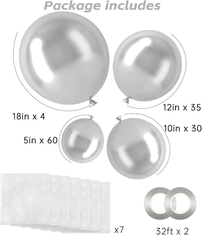 RUBFAC Silver Balloons 129pcs Different Sizes 18 12 10 5 Inches, Metallic Balloon Garland Arch Kit for Birthday Party Graduation Wedding Holiday Decoration