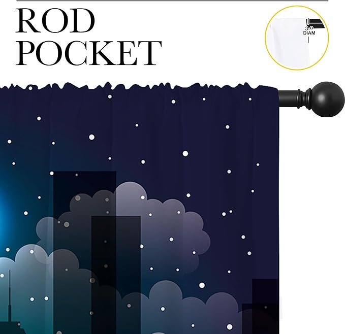 Superhero Rod Pocket Blackout Curtains for Boy Girl Bedroom, Violet Night Sky Buildings Cityscape Home Energy Efficient Light Filtering Window Curtain for Living Room,84x84 inch