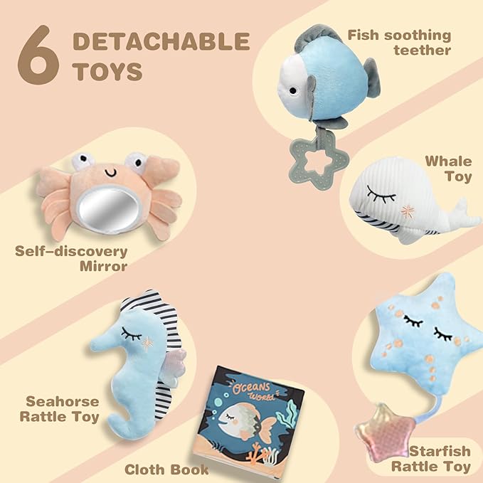 Baby Play Gym Mat, Oversize Tummy Time Activity Mat for Babies 0-6 Months, Shells Shaped Baby Play Mat with 6 Detachable Toys, Baby Mat for Floor Sensory Exploration Motor Skill Development (Blue)